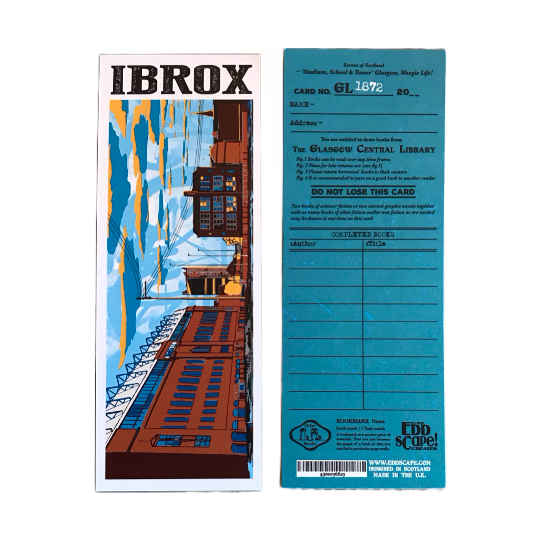 Bookmark featuring a panoramic landscape illustration of Rangers Ibrox Stadium, Glasgow.