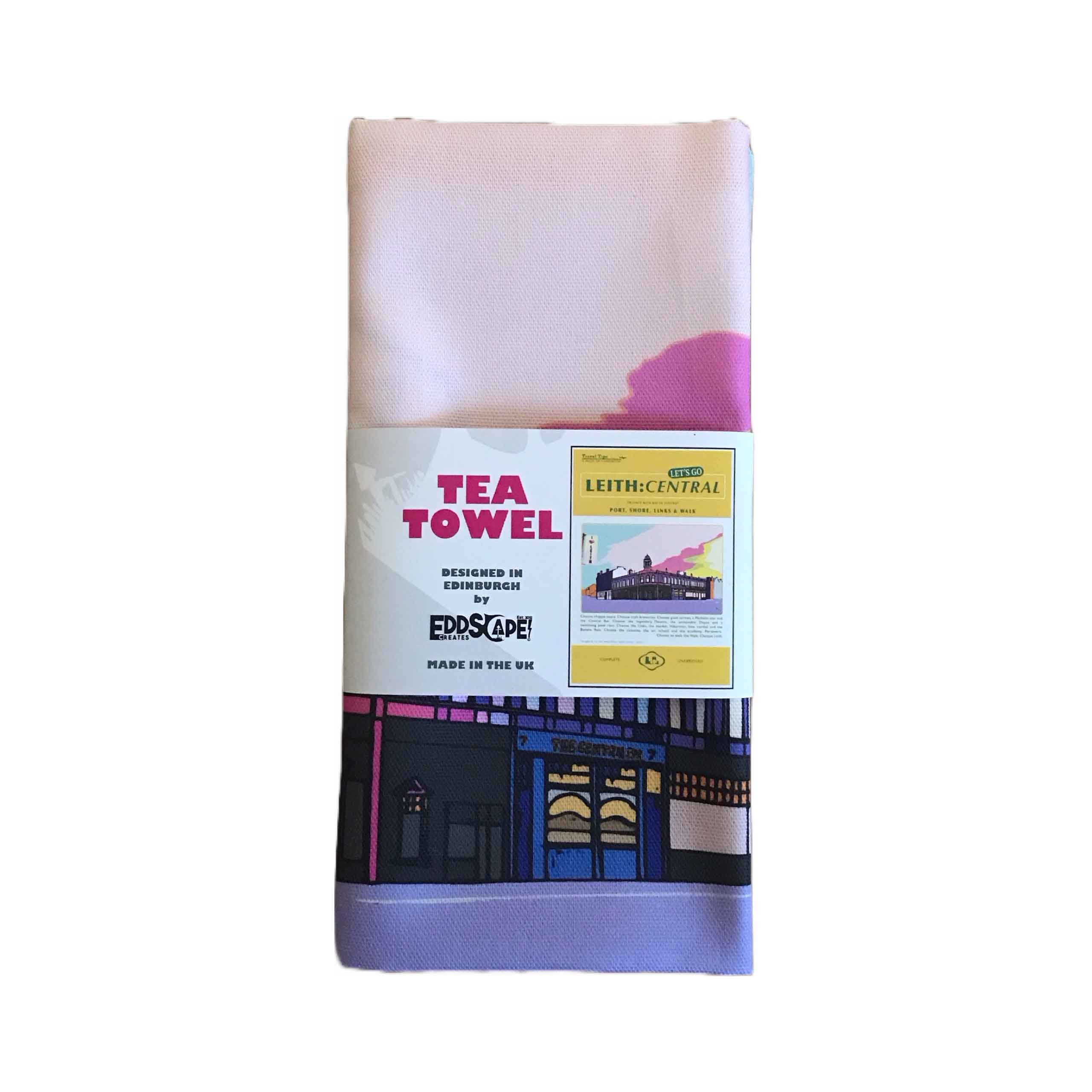 Tea towel featuring a travel book poster design with an original illustration of the old Leith Central station in Leith, Edinburgh.
Designed in Edinburgh by Eddscape and printed in the UK.
