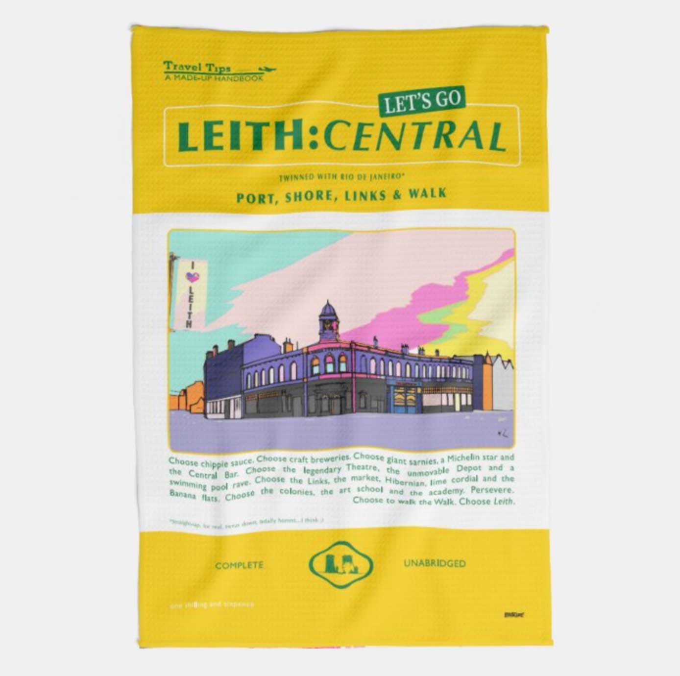 Tea towel featuring a travel book poster design with an original illustration of the old Leith Central station in Leith, Edinburgh.
Designed in Edinburgh by Eddscape and printed in the UK.