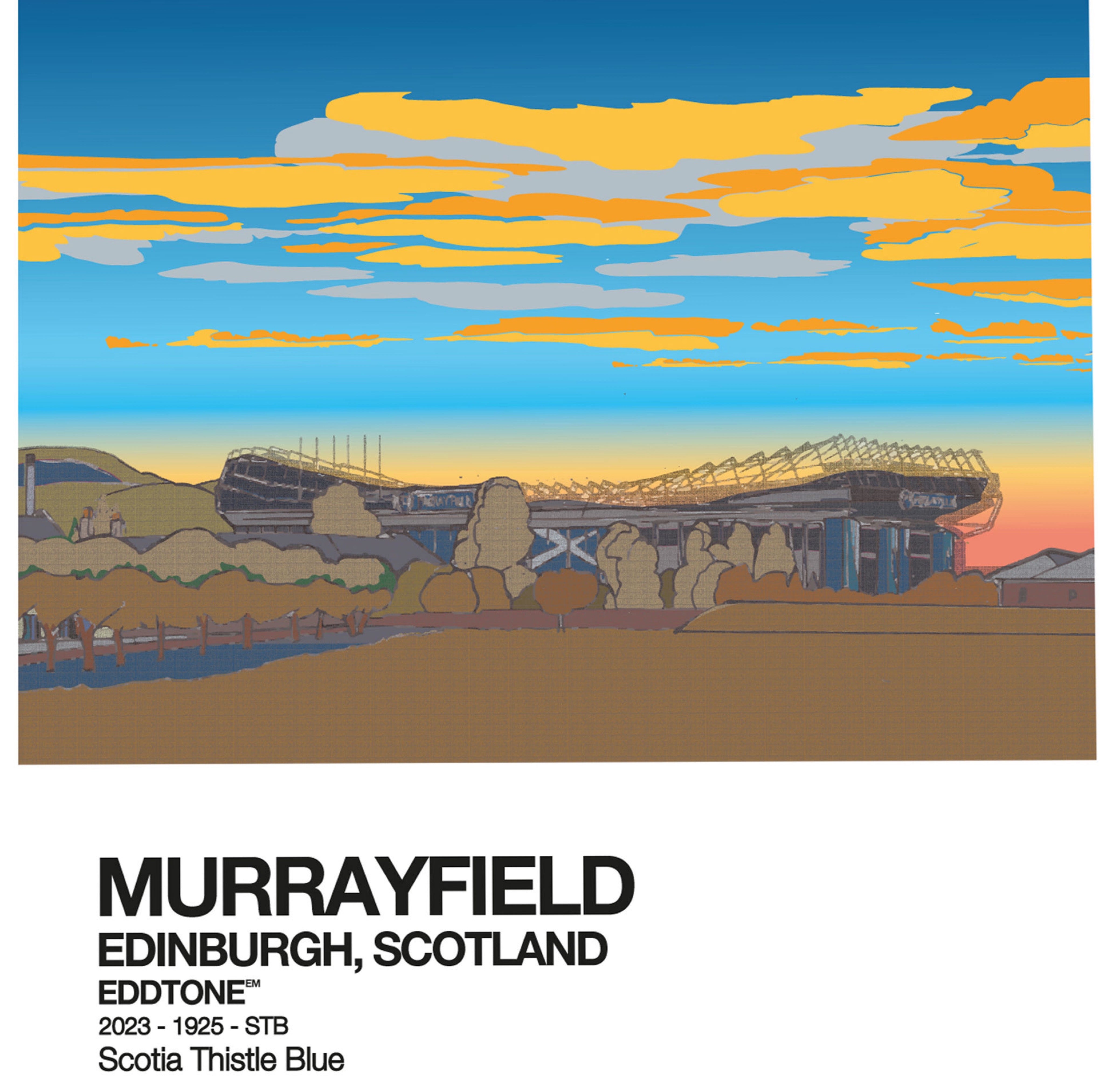 A6 card featuring an illustration of Murrayfield Stadium, home of National Rugby Team Of Scotland.