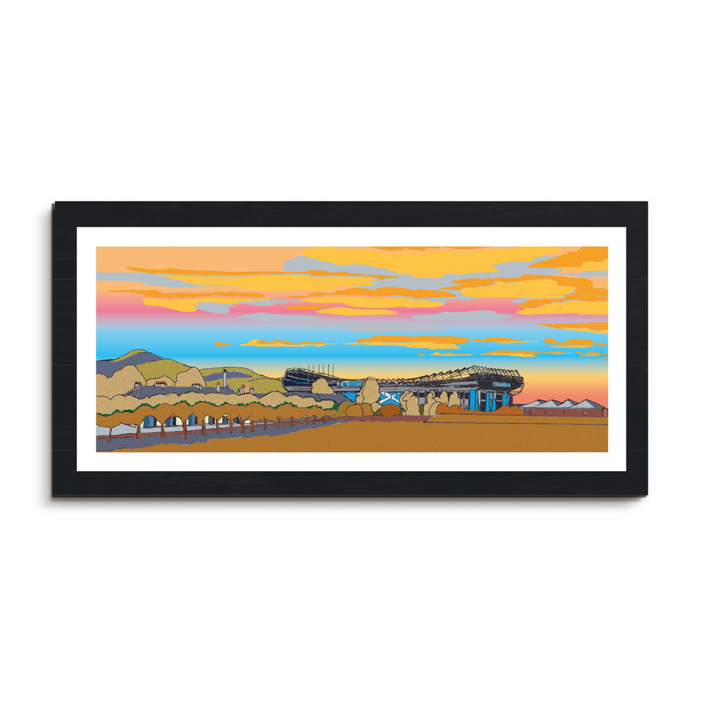 This is a panoramic print in a 20x10inch Mount illustrating the Murrayfield Stadium, home of Scottish Rugby, Edinburgh.