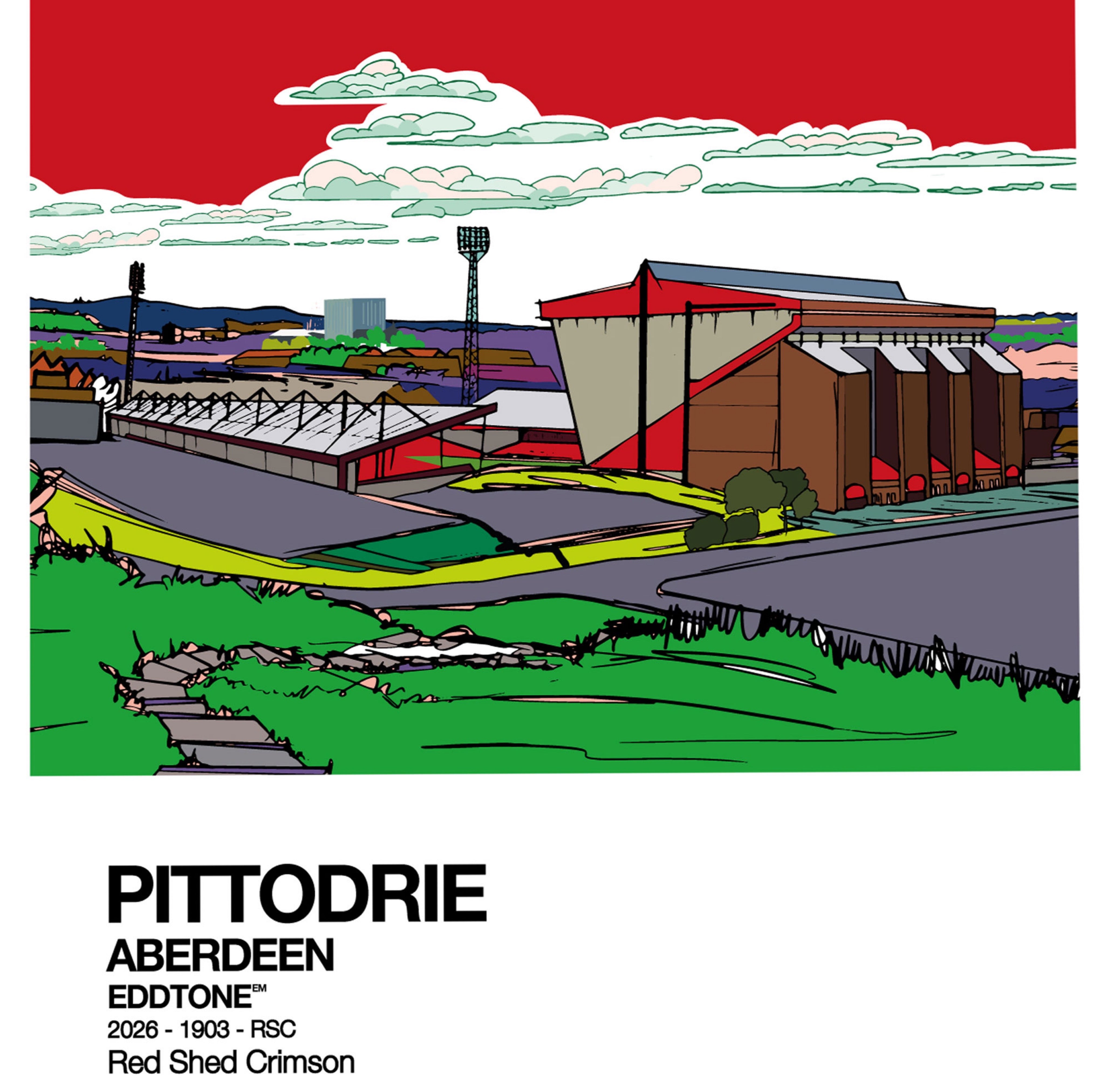 Square card featuring an illustration of Pittodrie Stadium Aberdeen FC, Scotland.