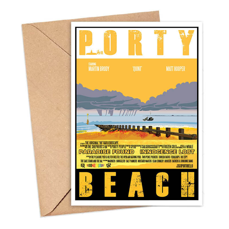 Edinburgh card featuring a movie poster design with an illustration of Portobello Beach in Edinburgh