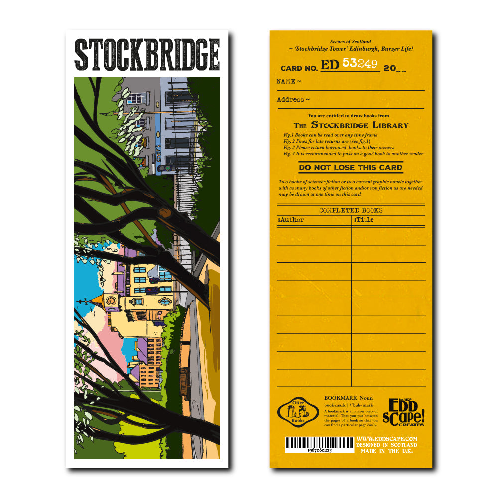 Bookmark featuring an illustration of the clock tower and park in Stockbridge, Edinburgh