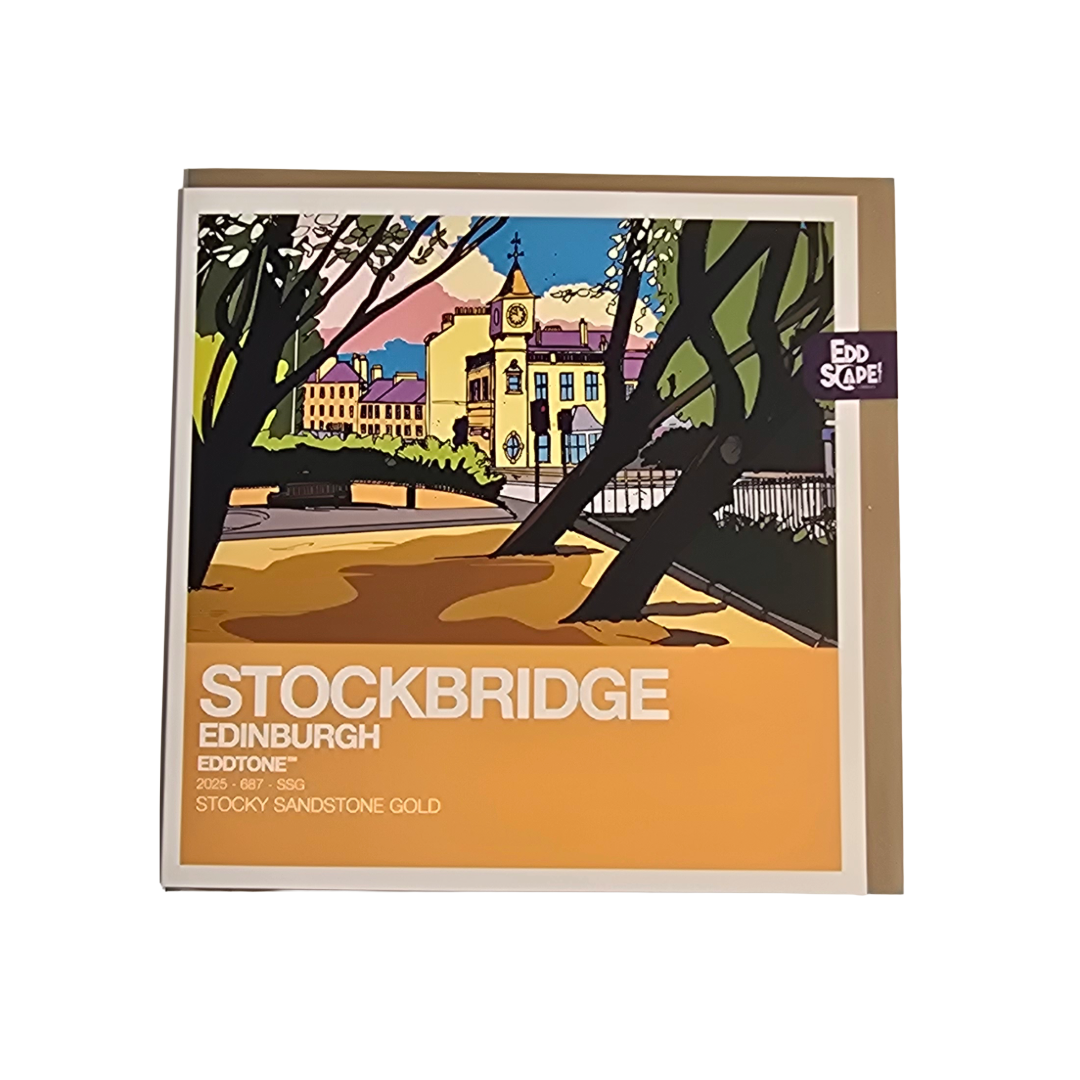 Square card featuring an illustration of the clocktower and park in Stockbridge Edinburgh.