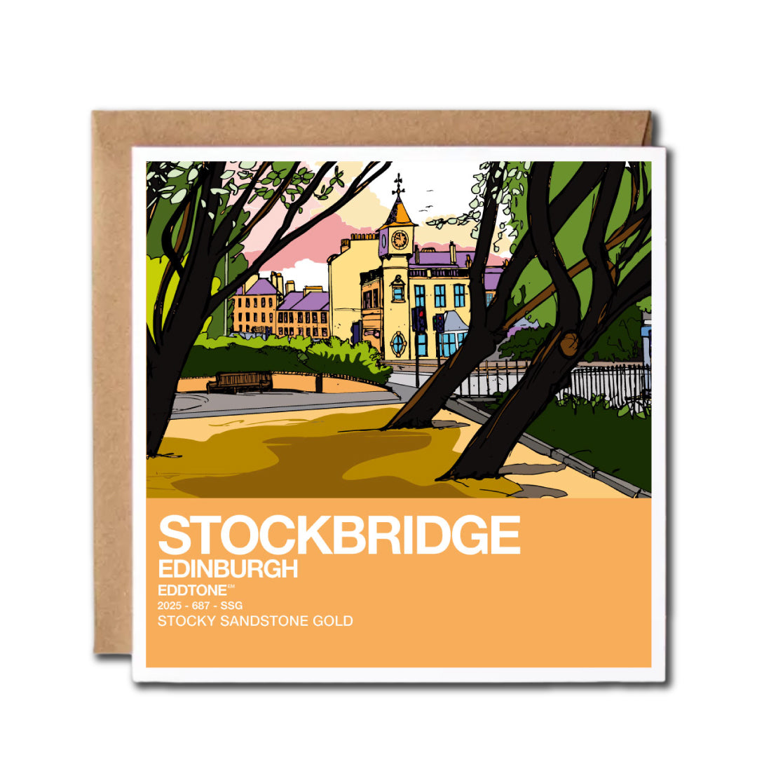 Square card featuring an illustration of the clocktower and park in Stockbridge Edinburgh.
