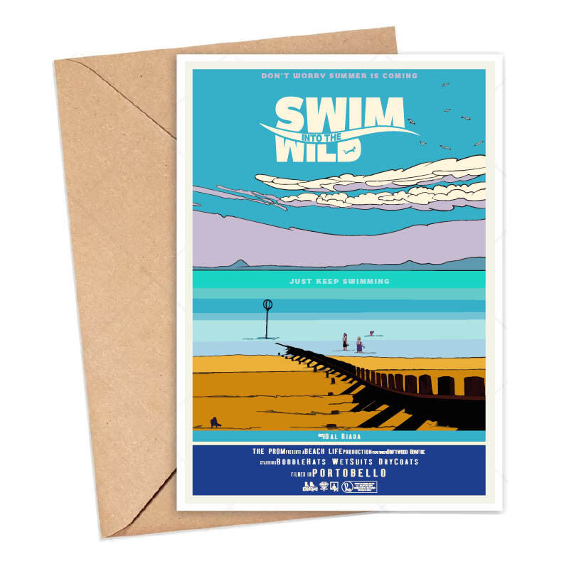 Card featuring an illustration of wild swimmers on Portobello Beach in Edinburgh. Designed by Eddscape In Scotland and printed in the UK.