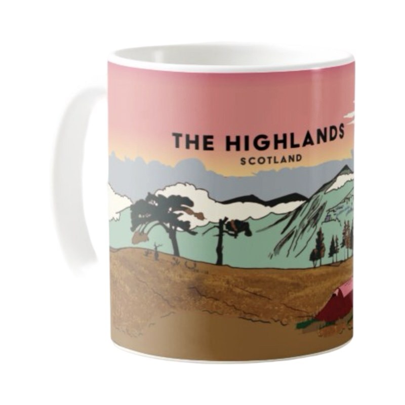 Classic mug featuring a striking panoramic artwork of The Scottish Highlands, wild camping and Glen Shira. Designed by Eddscape and made in the UK.