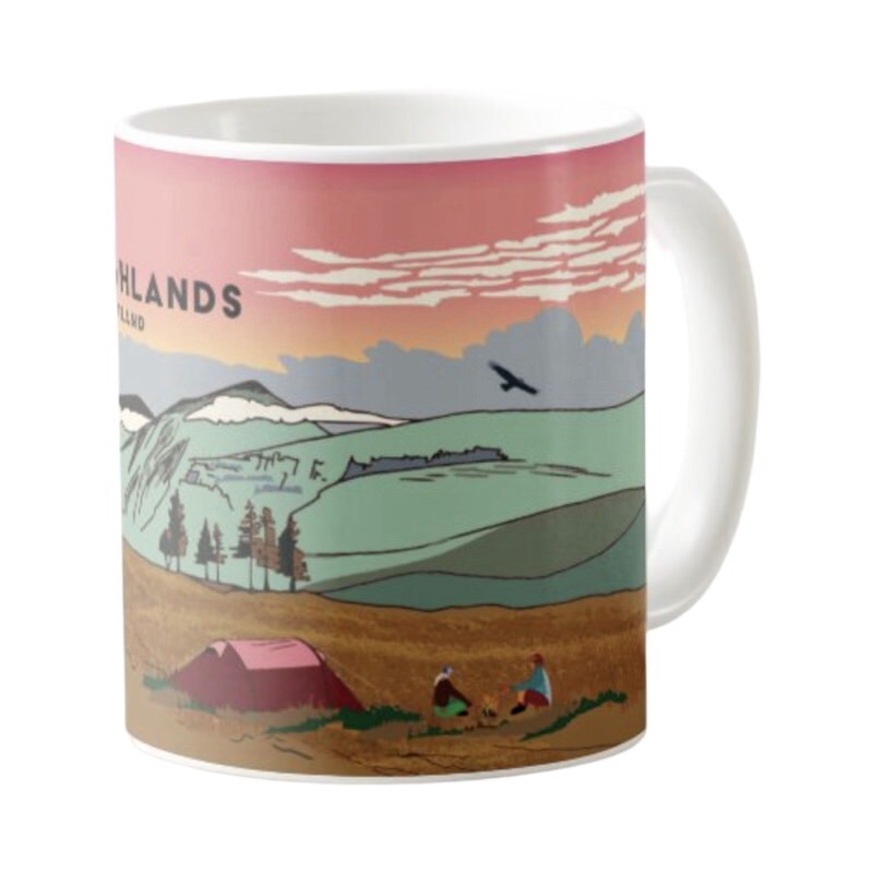 Classic mug featuring a striking panoramic artwork of The Scottish Highlands, wild camping and Glen Shira. Designed by Eddscape and made in the UK.