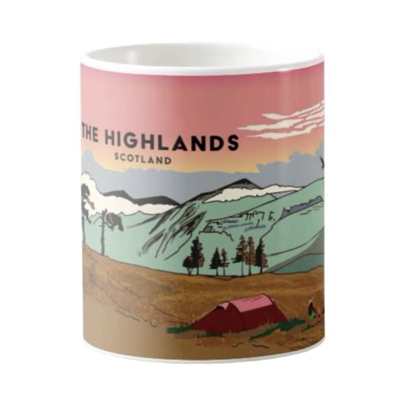 Classic mug featuring a striking panoramic artwork of The Scottish Highlands, wild camping and Glen Shira. Designed by Eddscape and made in the UK.