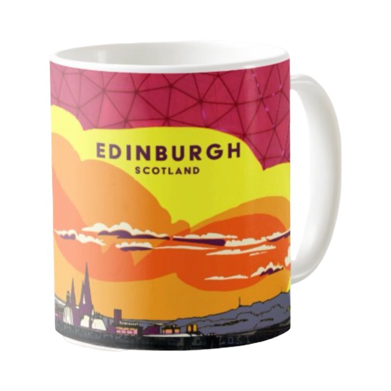 Classic mug featuring a striking panoramic artwork of the skyline of Edinburgh's West End. Designed by Eddscape and made in the UK.