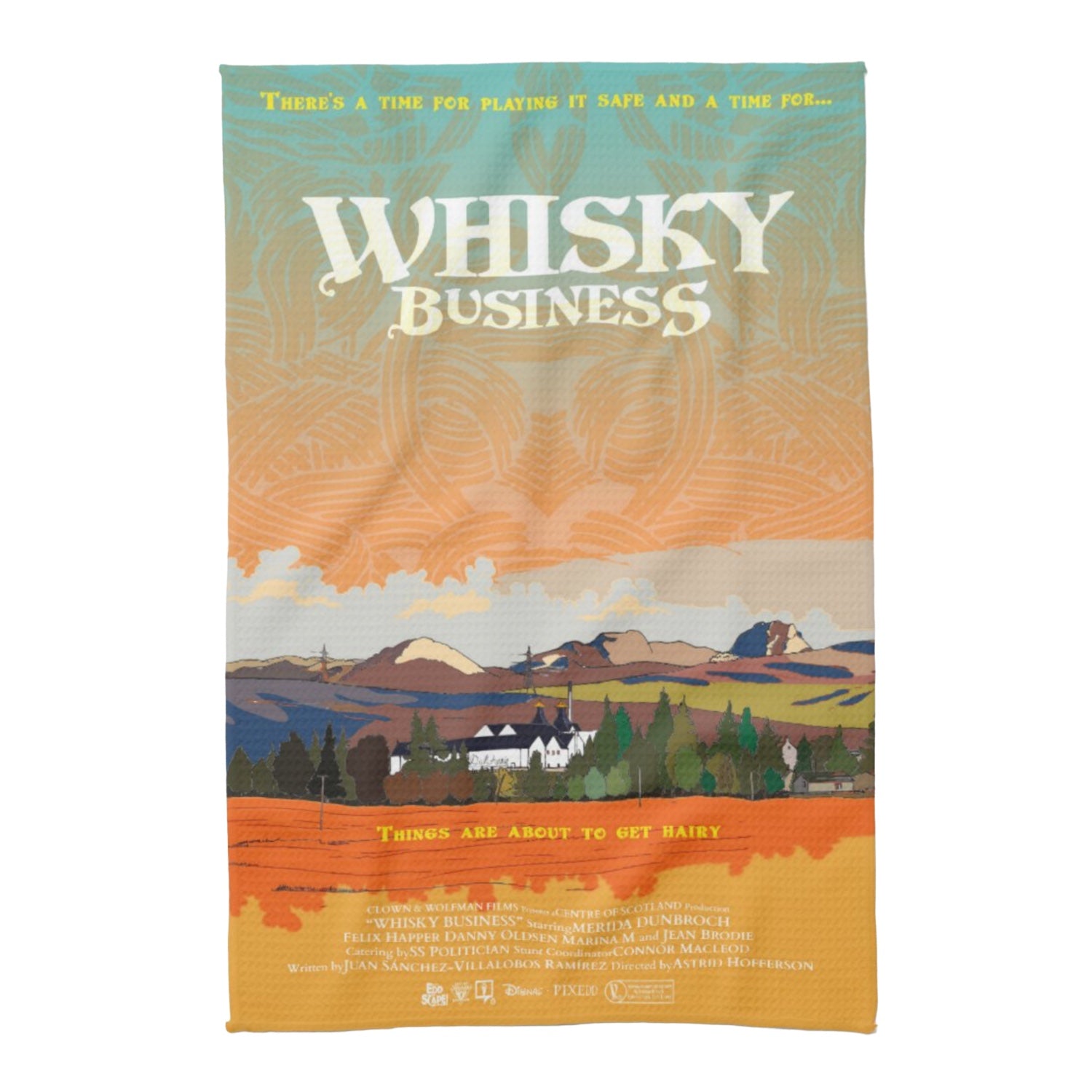 Tea towel featuring an illustration of Dalwhinnie Village, Scotland
