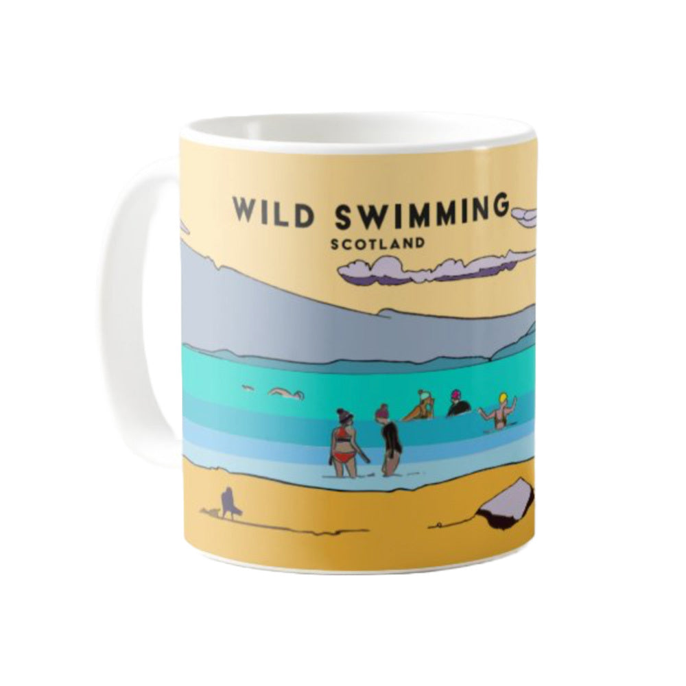 Classic mug featuring a striking panoramic artwork of a wild swimmers in the water at the beach with the Arran mountains. Designed by Eddscape and made in the UK.