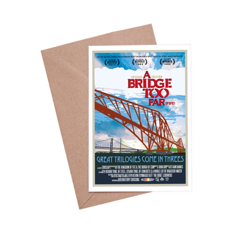 Card featuring a movie poster design with an illustration of the 3 famous Forth Bridges at South Queensferry near Edinburgh