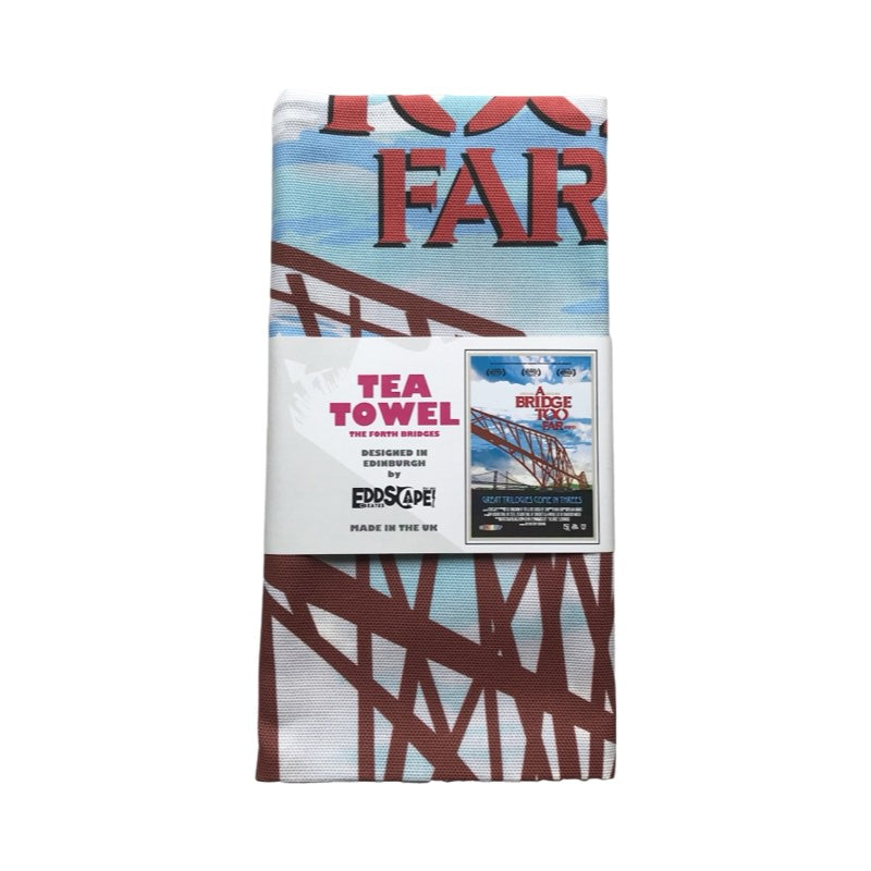 Tea towel featuring a movie poster design with original illustration of the 3 famous Forth Bridges in South Queensferry near Edinburgh. Designed in Edinburgh by Eddscape and printed in the UK.