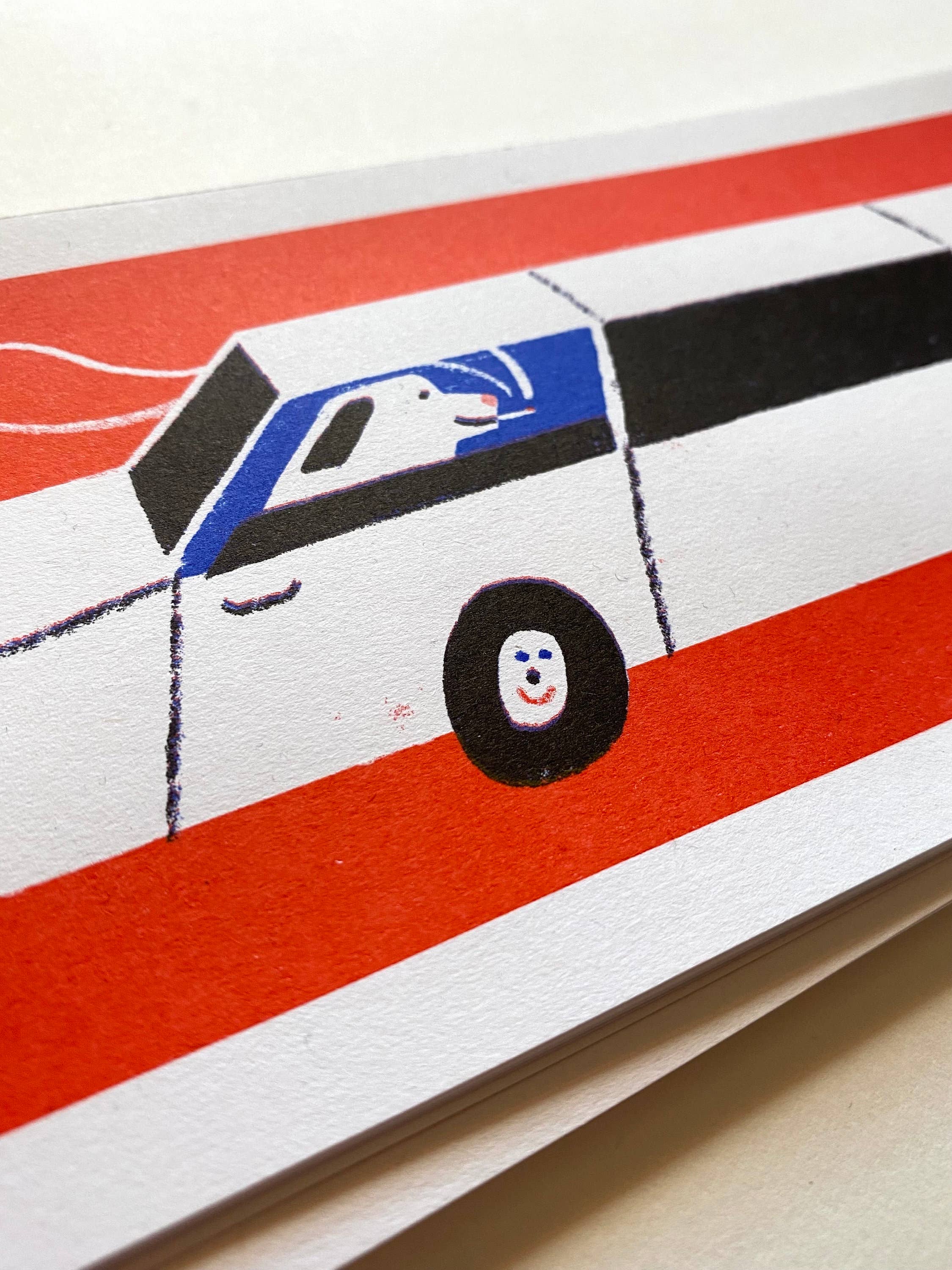 Three-colour risograph print featuring people in a stretch limo.