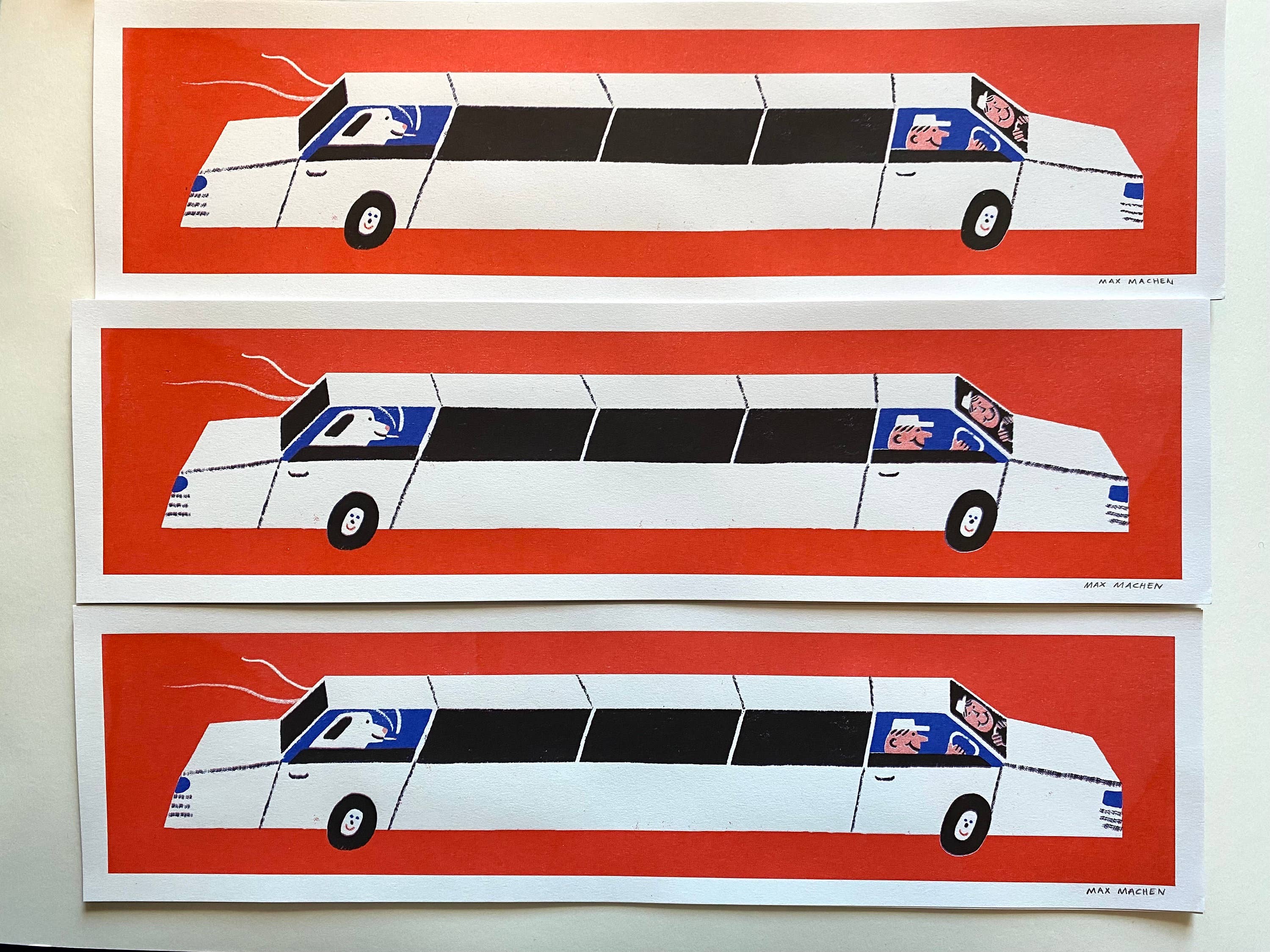 Three identical illustrations of a limo on red backgrounds.