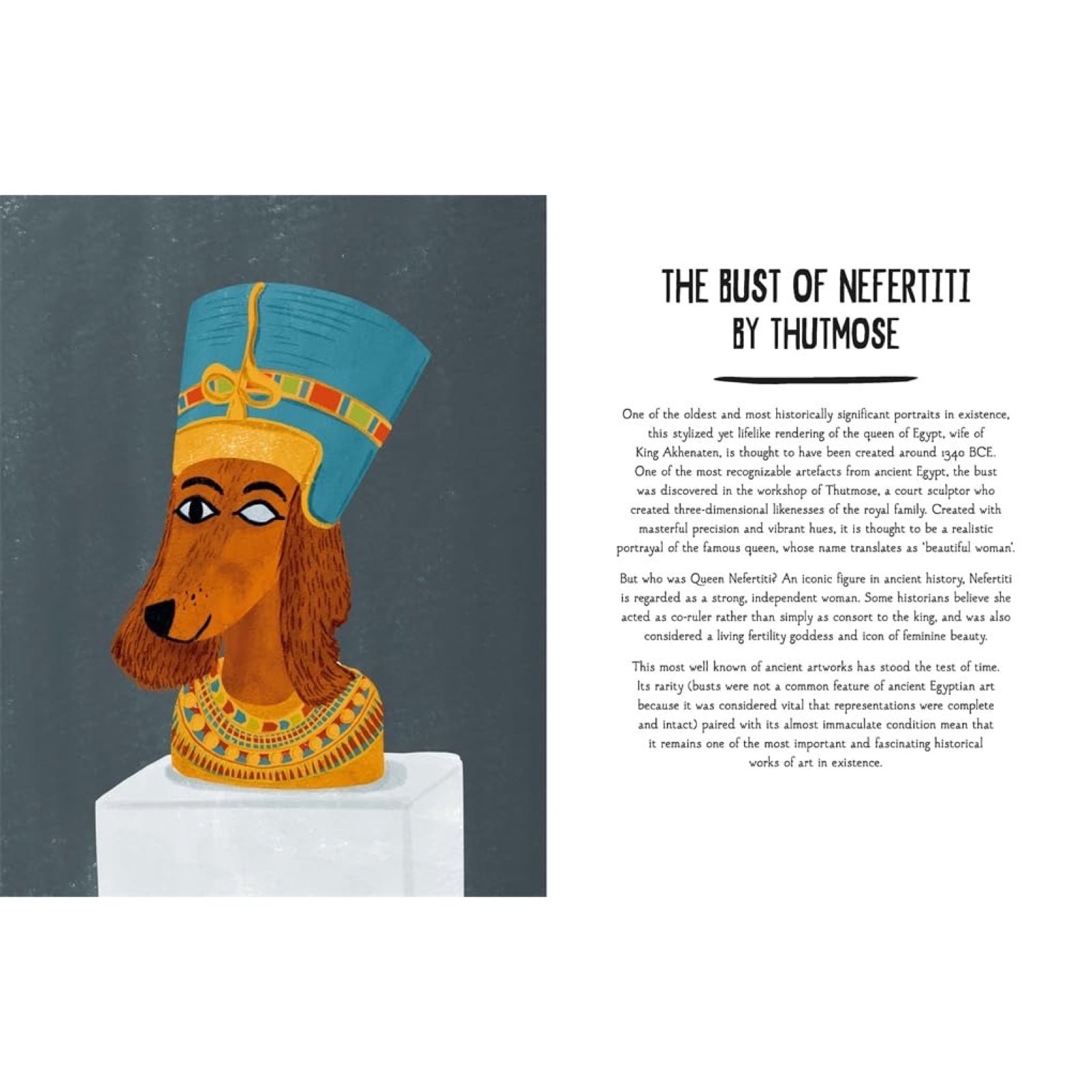 Inside page of book with an illustration of a dog in a portrait and text on the right.