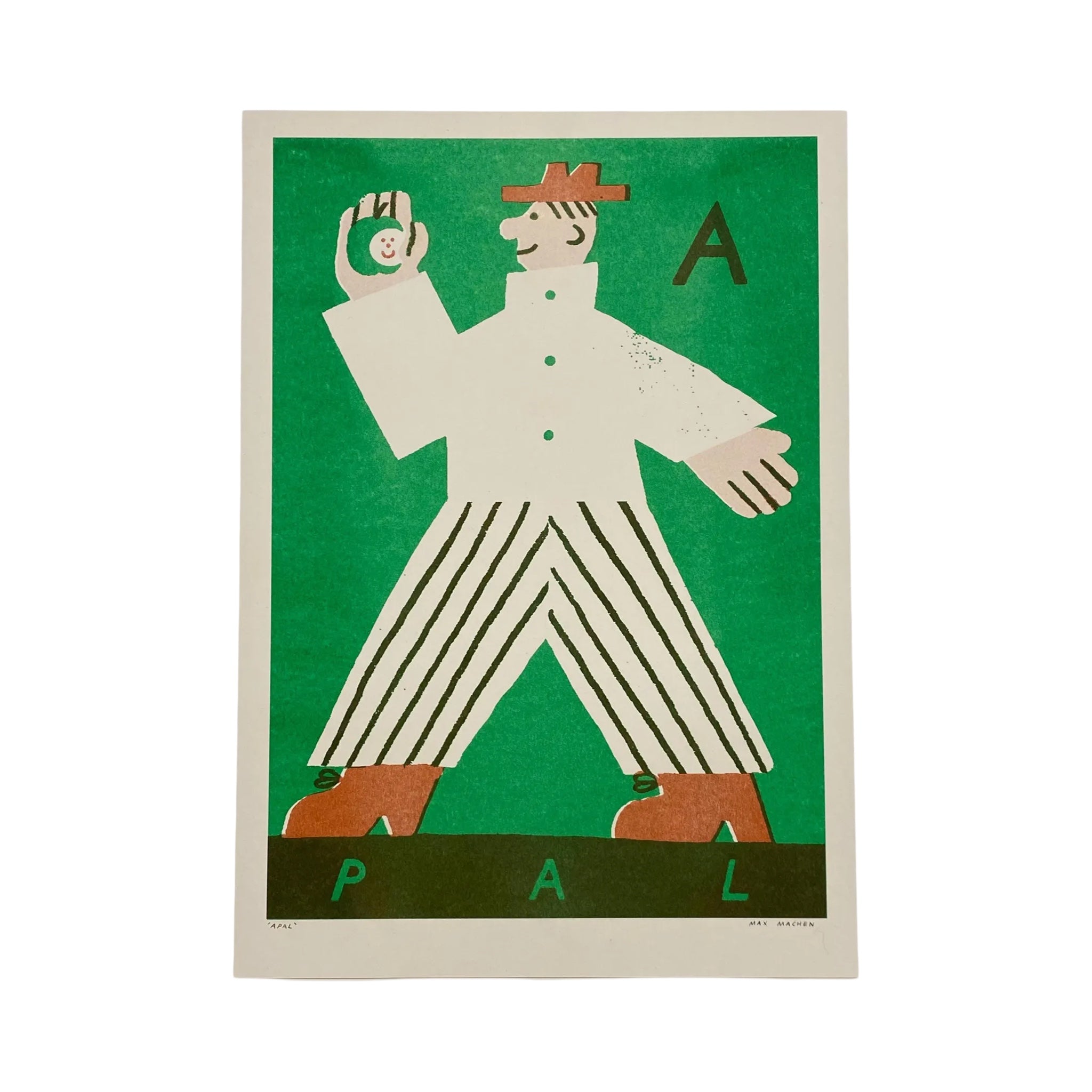 Risograph print of a man in a white shirt and black and white striped trousers holding a green apple with a smile face sticker on it, all against a green background and the text 'A Pal'.