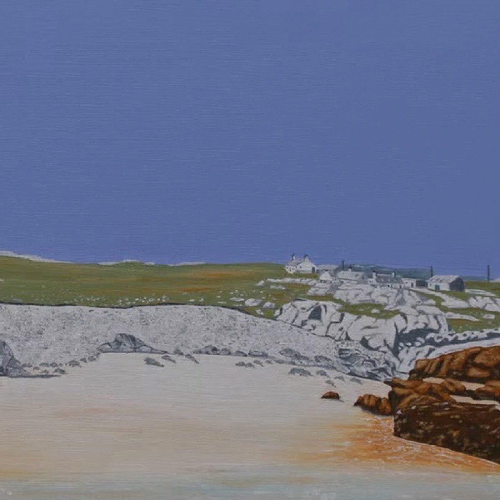 A coastal landscape painting featuring a sandy beach in the foreground, rocky cliffs, green grassy hills, and a small cluster of white buildings under a large blue sky.