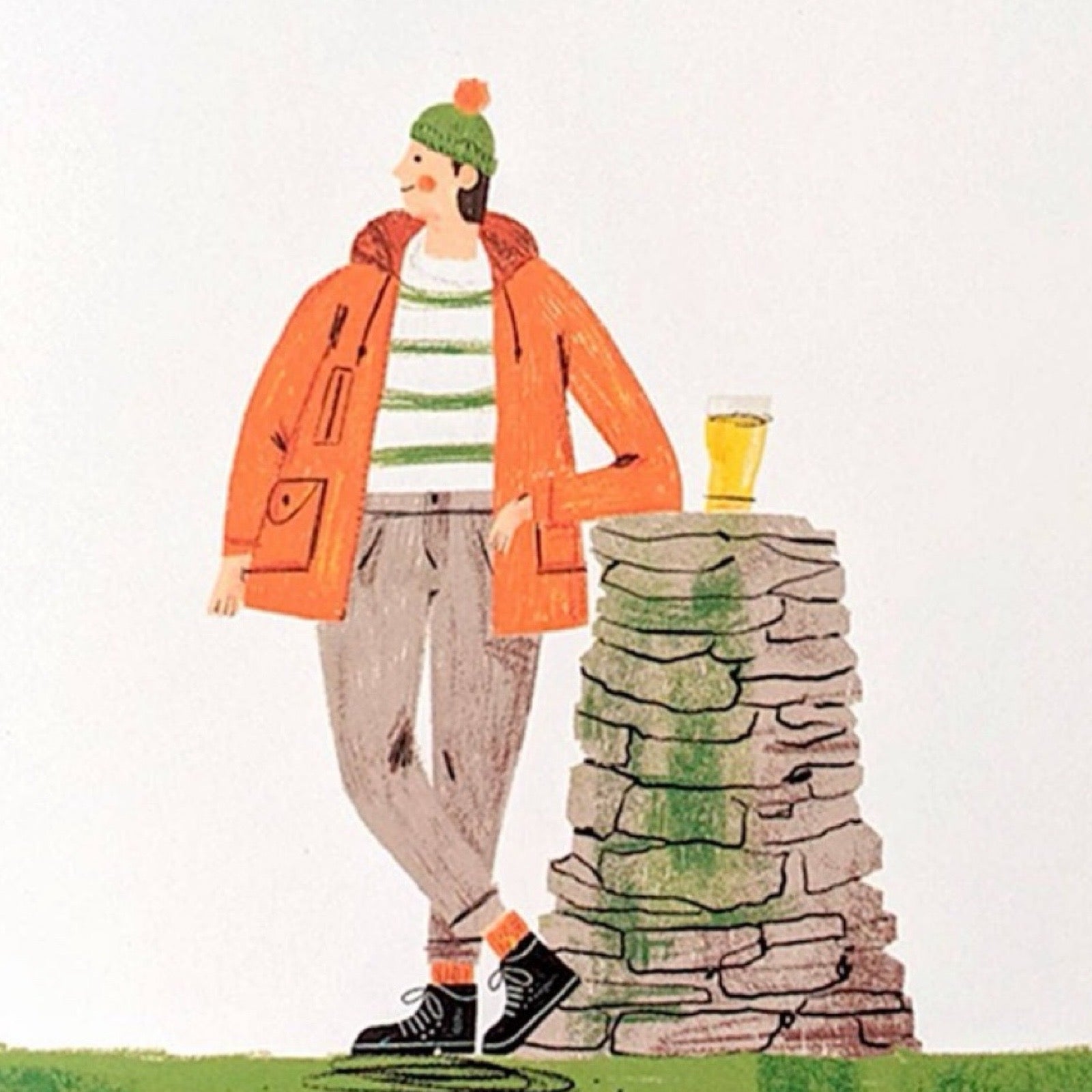 This art card features a lady in an orange jacket propped up against the end of a stone wall with a pint on top.