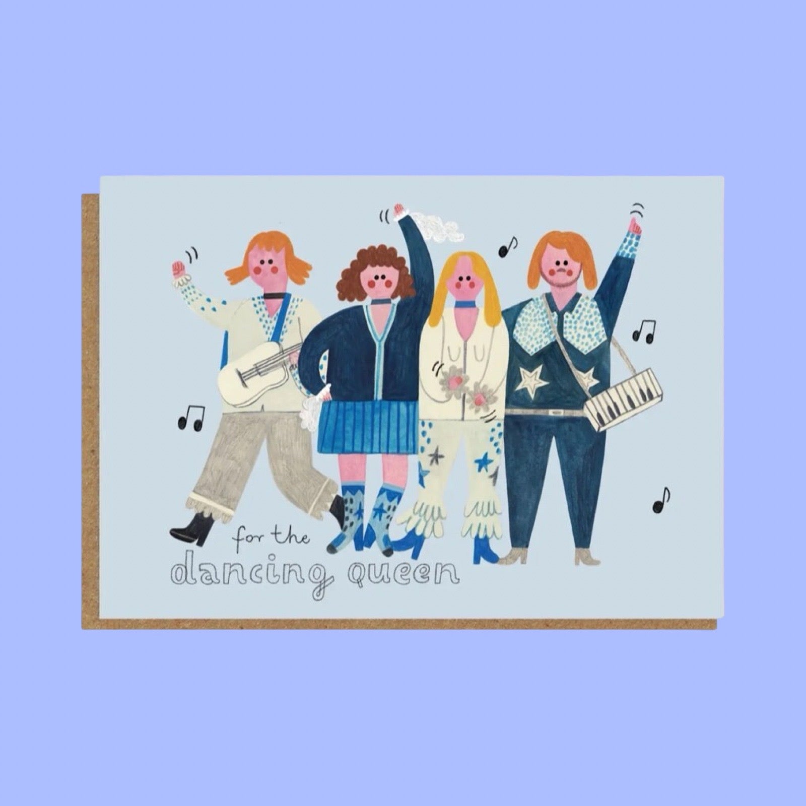 Card with illustration of four people dancing and text 'For the dancing queen' on a blue background.