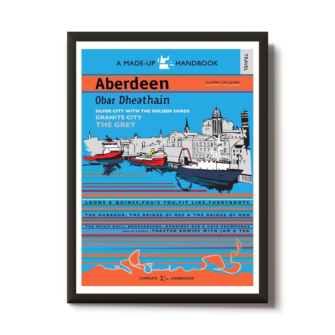 This print features a travel poster design with an illustration of Aberdeen Harbour