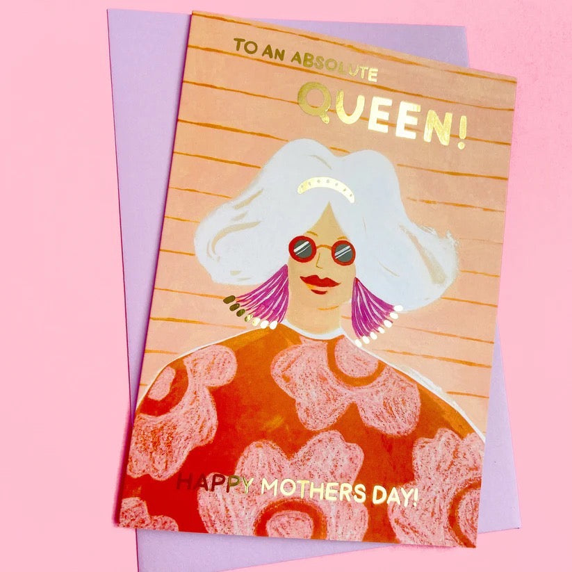 Greeting card with illustration of a woman, text 'To an absolute queen! Happy Mother's Day!' on a pink background.