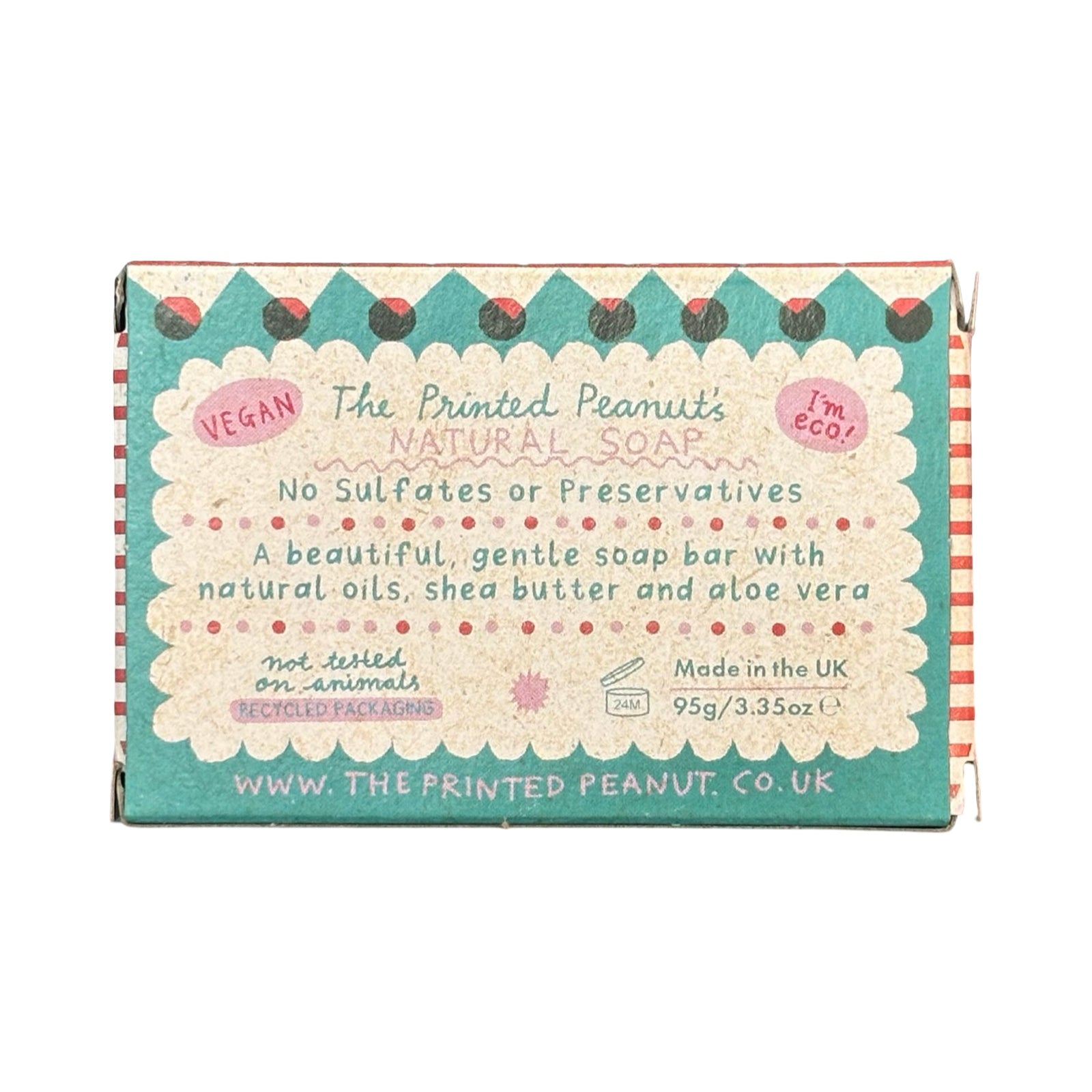 Box of natural soap with text and branding details on a white background.