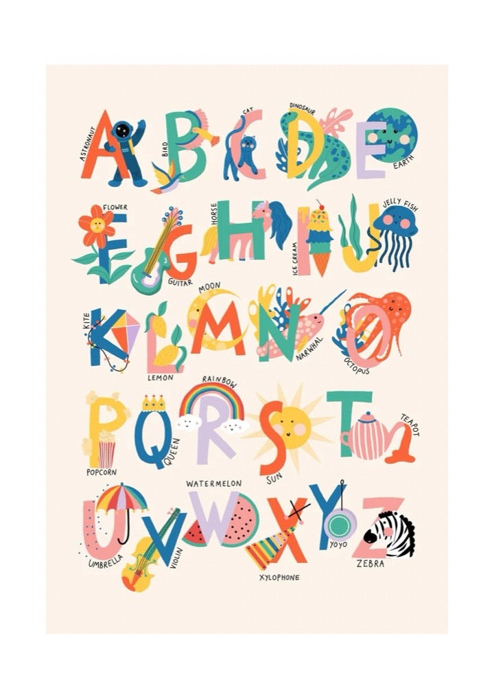 Colourful alphabet poster with illustrations of letters on a beige background.