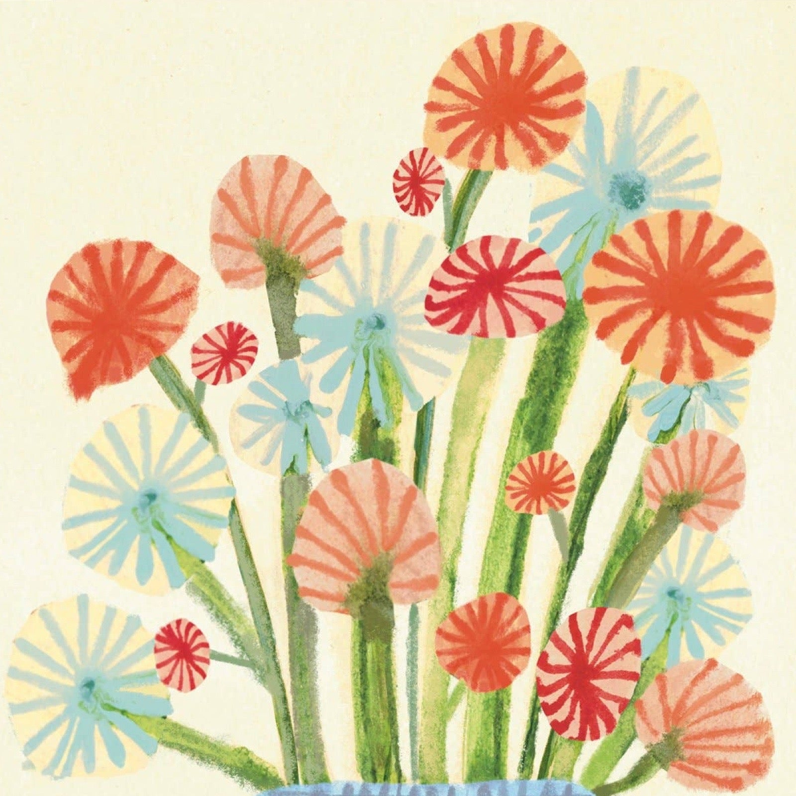 A watercolour-style floral illustration featuring clusters of sunburst flowers in coral red, peach, light blue, and orange on green stems against a warm cream background.