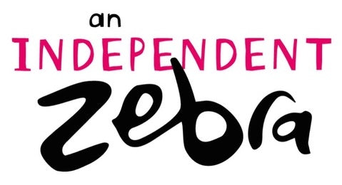 The logo for the shop An Independent Zebra with an in black text, INDEPENDENT in pink capital letters and Zebra in black text.