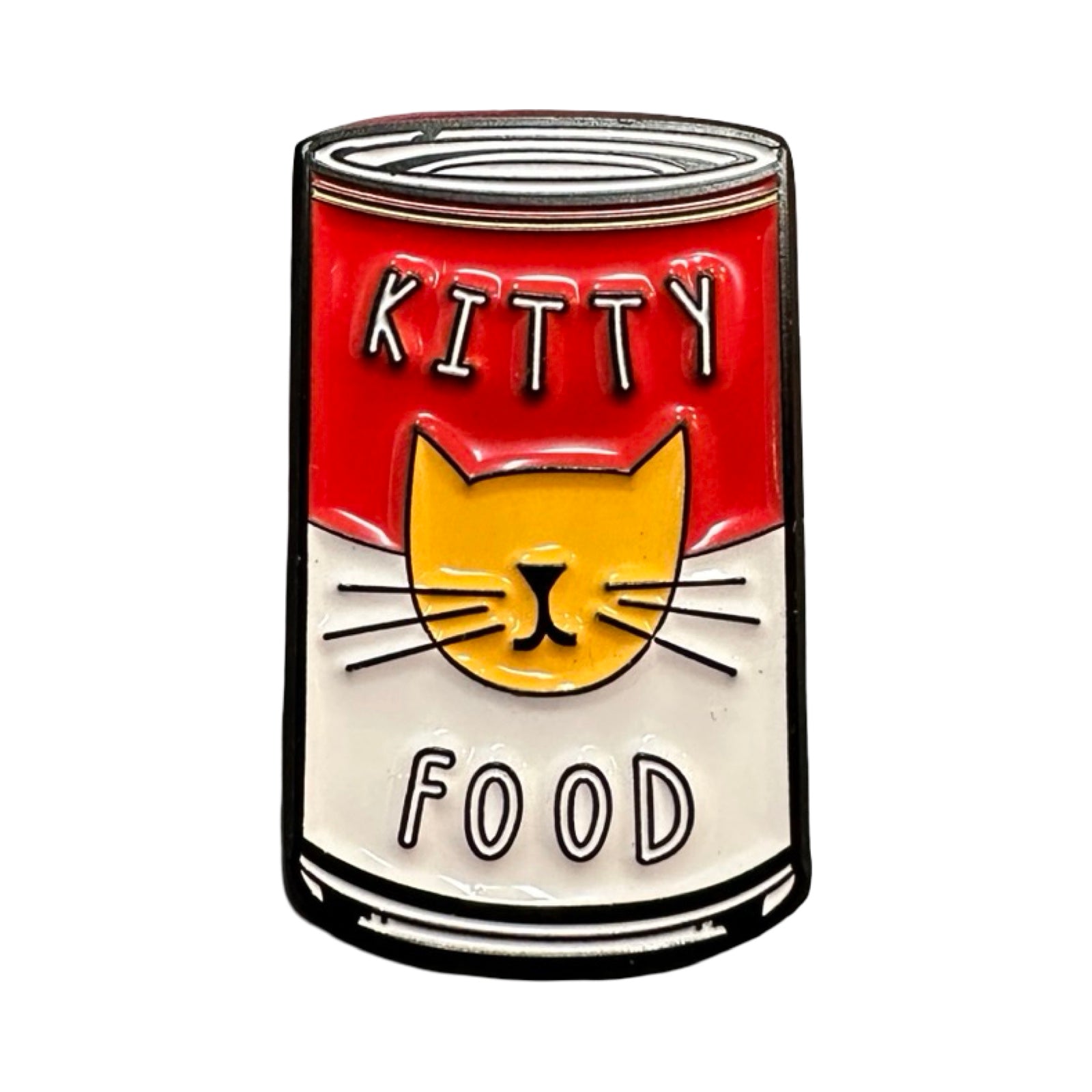 A red and white soup tin enamel in badge with a yellow cats face in the centre and the text Kitty Food.