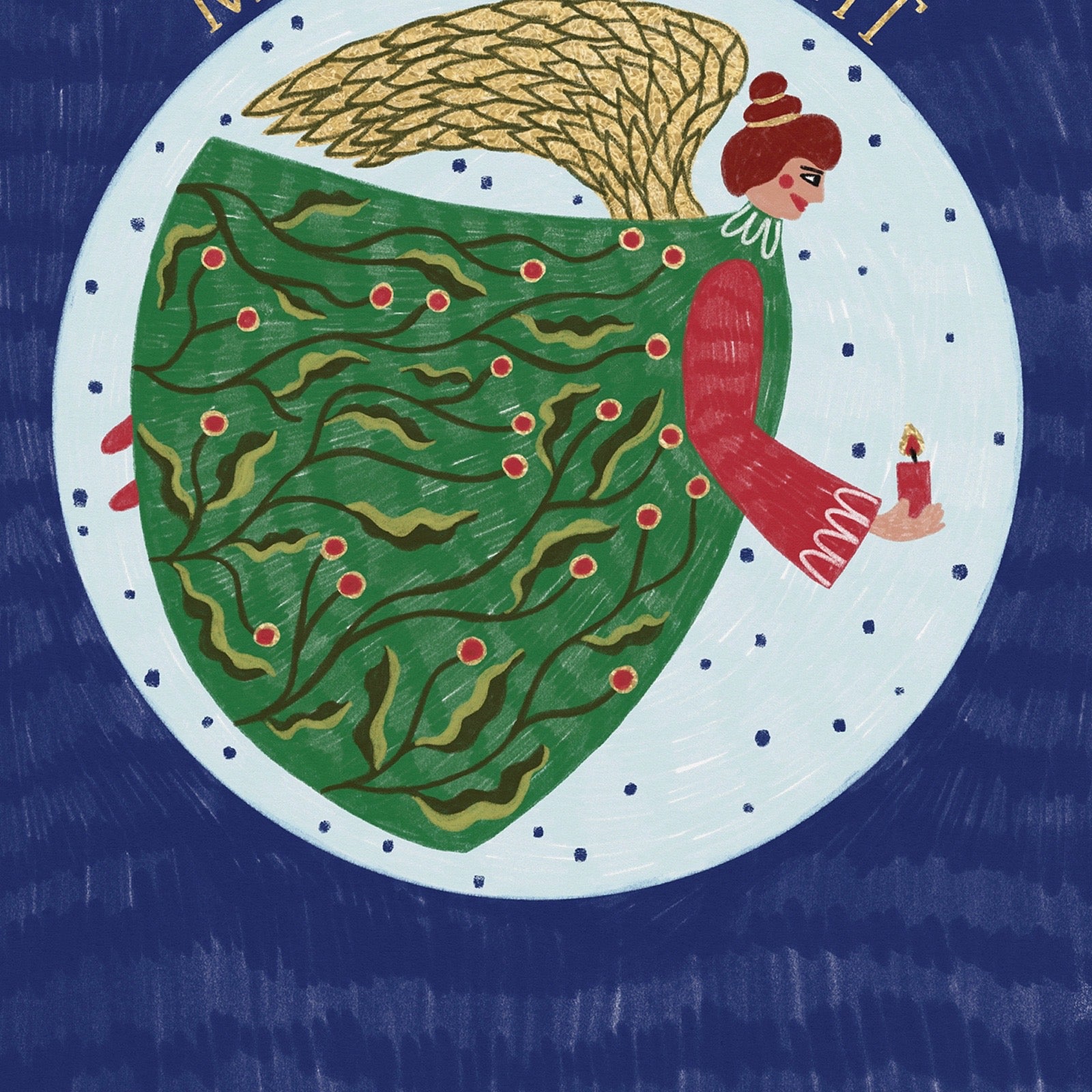 A stylised illustration of a winged angel figure inside a large white oval on a dark blue background. The figure has a gold wing, a red dress with green patterned sections and small red dots, and holds a red candle.
