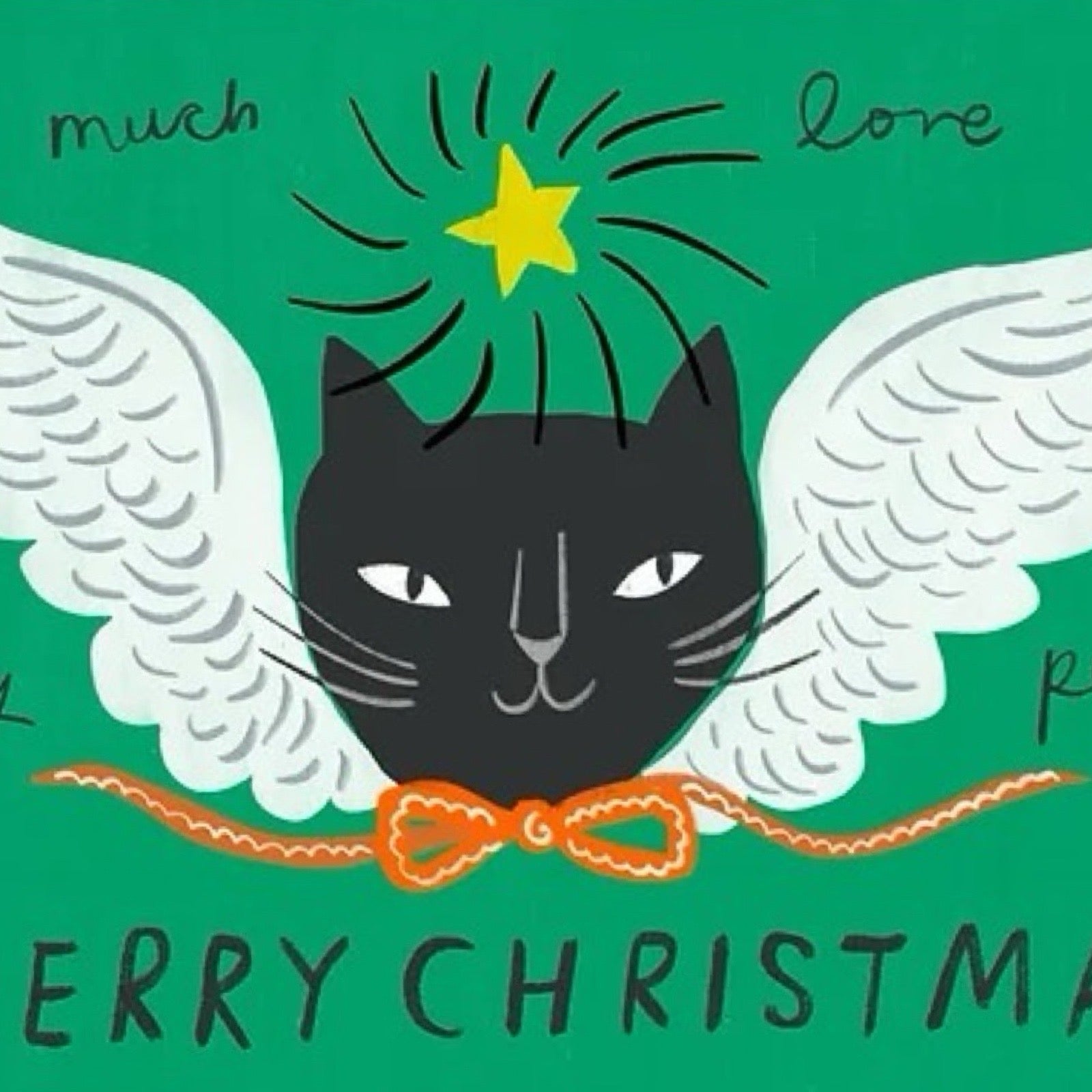 Christmas card featuring a black cat head with white angel wings and a red ribbon bow. The text 'Merry Christmas' is written underneath.