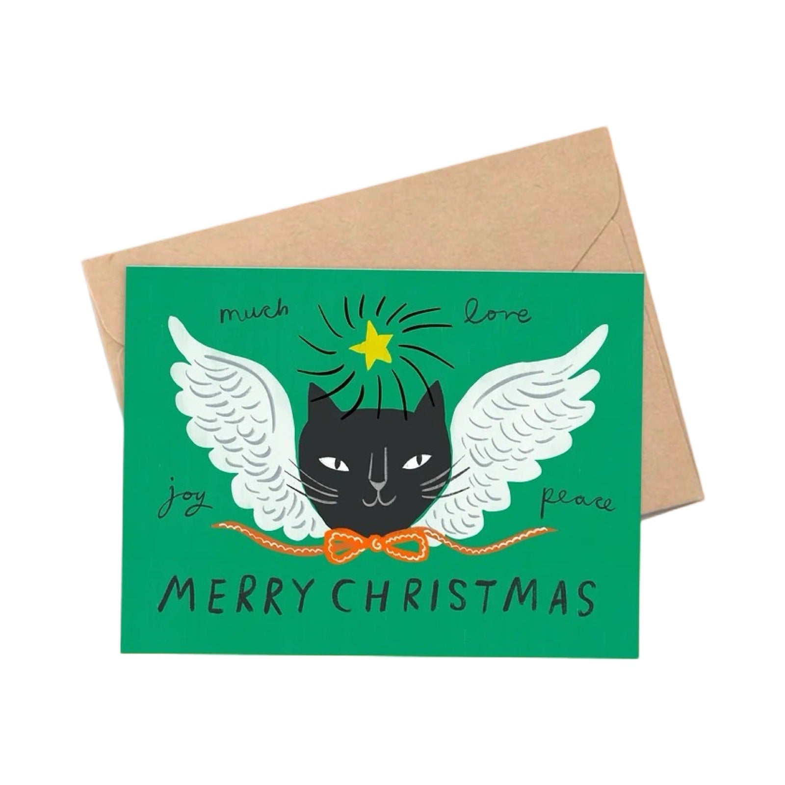 Christmas card featuring a black cat head with white angel wings and a red ribbon bow. The text 'Merry Christmas' is written underneath.