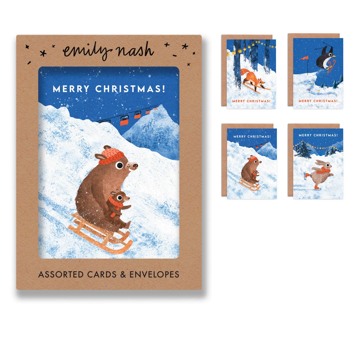 A Christmas card set displayed on a white background, featuring a large kraft envelope with a winter scene illustration and four smaller matching envelopes and cards to the right. The envelope reads 'emily nash' and 'MERRY CHRISTMAS! ASSORTED CARDS & ENVELOPES'.