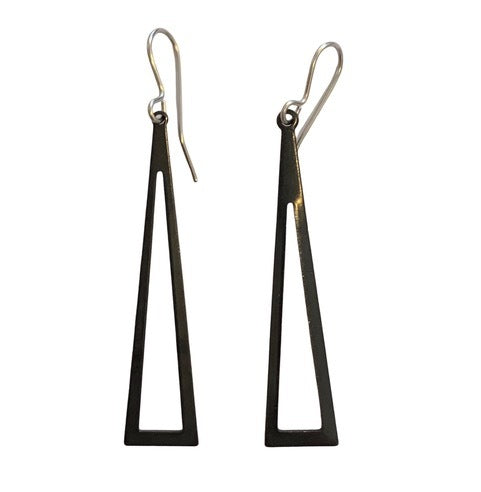Photo of a pair of black, triangle-shaped swing earrings. Anita Earrings. Made from plated brass with sterling silver ear clasps.