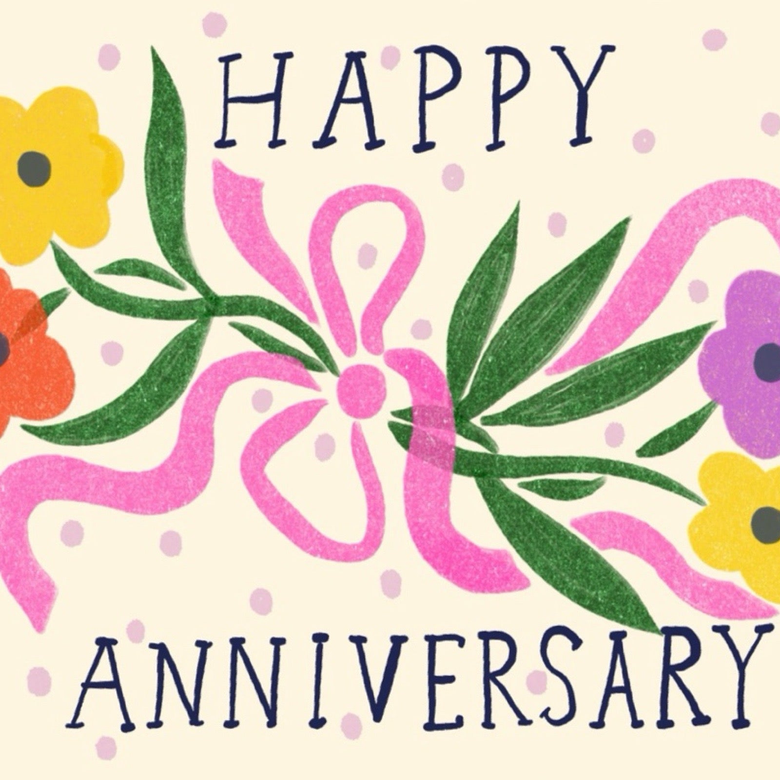 Anniversary card featuring a large posy of colourful flowers against a cream background with the text 'Happy Anniversary'.