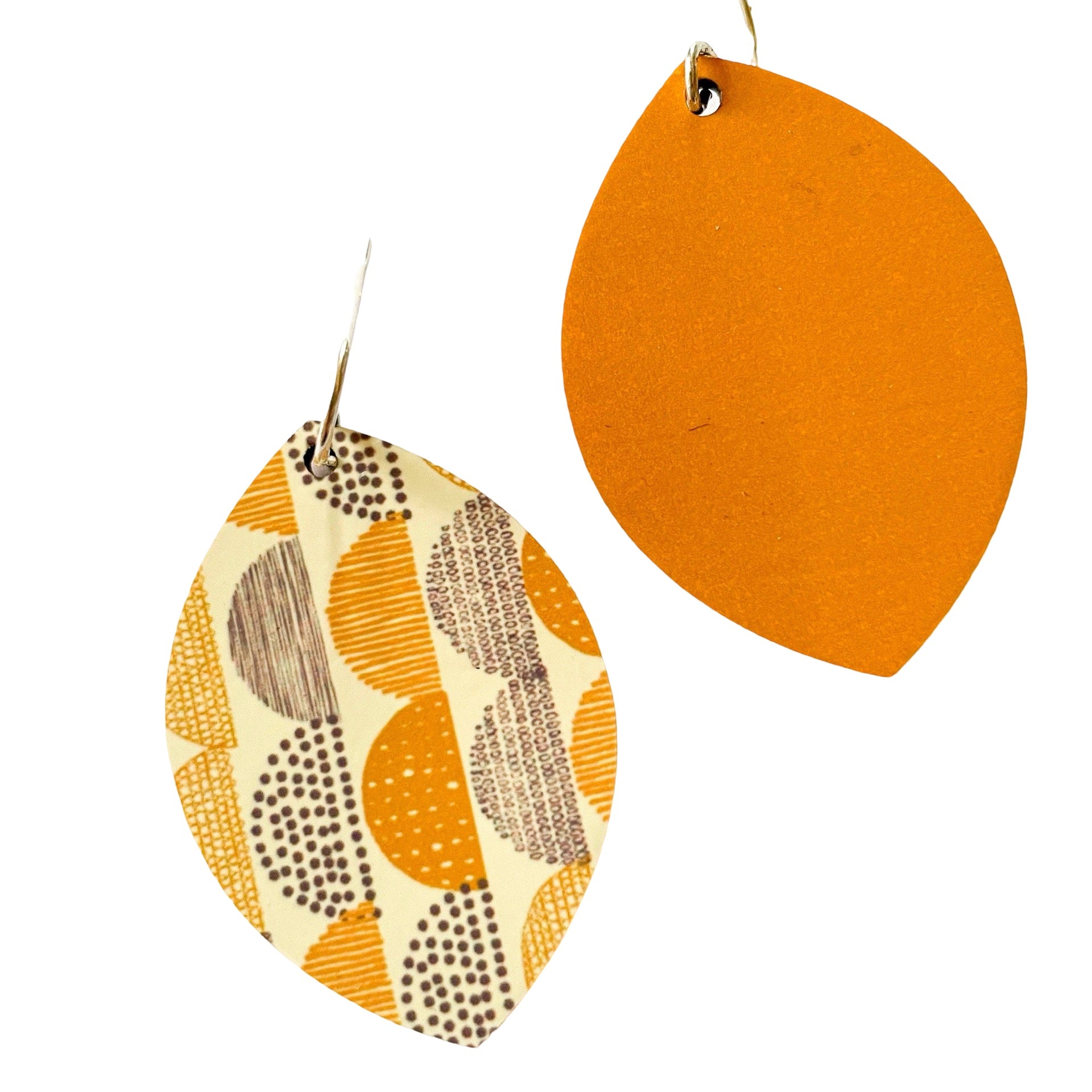Petal-shaped drop earrings featuring a grey and mustard arcs design made from lightweight, hypo-allergenic aluminium with Sterling Silver hooks.