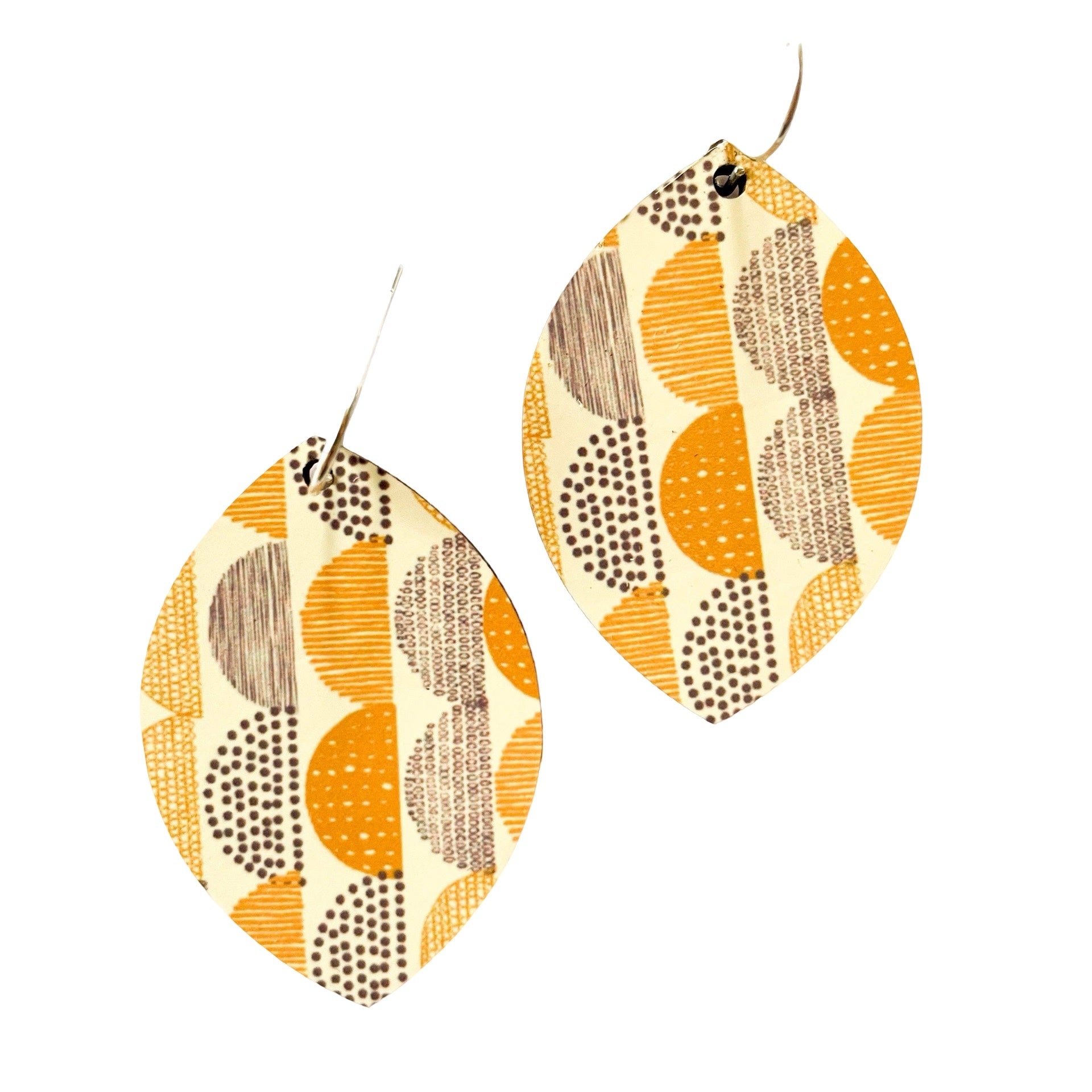 Petal-shaped drop earrings featuring a grey and mustard arcs design made from lightweight, hypo-allergenic aluminium with Sterling Silver hooks.