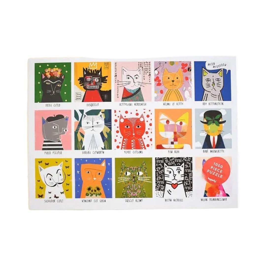 This cats in art 1000-piece jigsaw puzzle features 15 cat portrait illustrations including Frida Catlo and Salvador Catli.