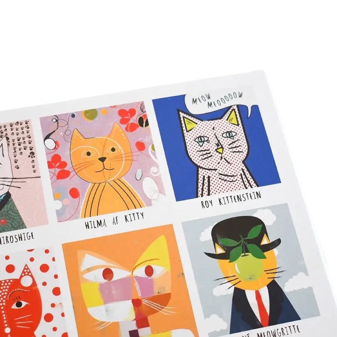 This cats in art 1000-piece jigsaw puzzle features 15 cat portrait illustrations including Frida Catlo and Salvador Catli.