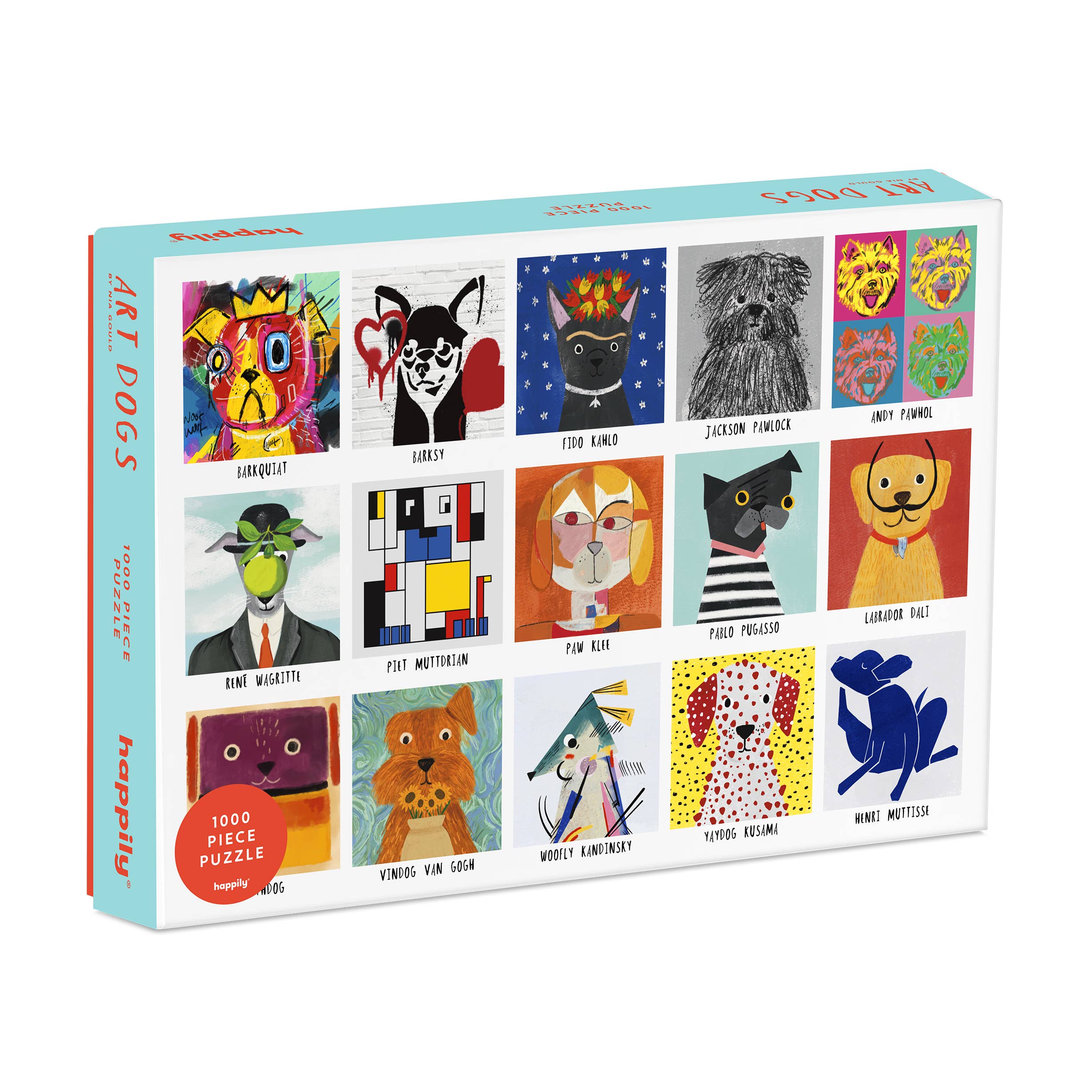 This dogs in art 1000-piece jigsaw puzzle features 15 dog portrait illustrations including Andy Pawhol, Barksy, Pablo Pugasso and Yaydog Kusama.