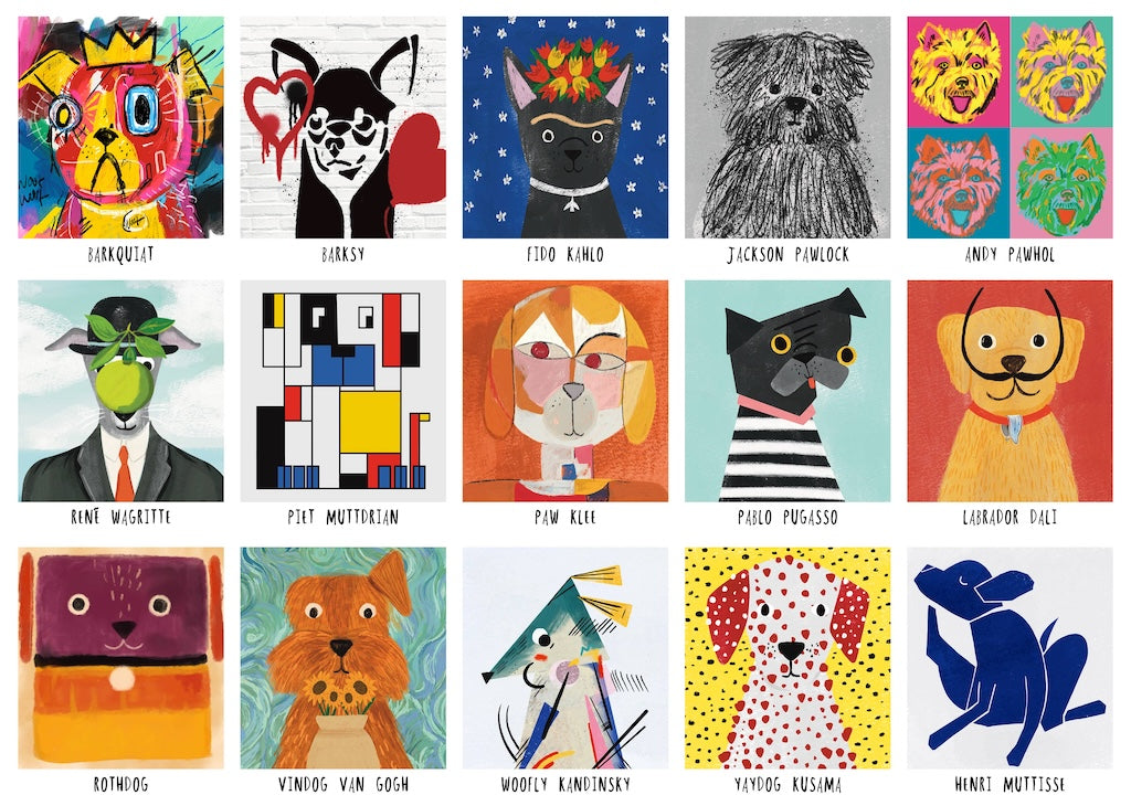 This dogs in art 1000-piece jigsaw puzzle features 15 dog portrait illustrations including Andy Pawhol, Barksy, Pablo Pugasso and Yaydog Kusama.