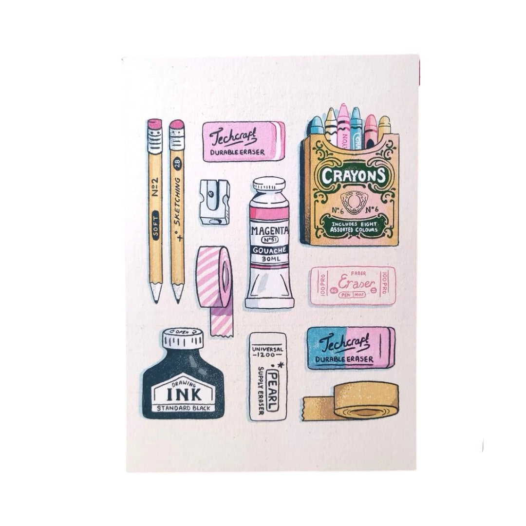 Print featuring pencils, paint, many erasers and a classic box of crayons on a cream-coloured background.