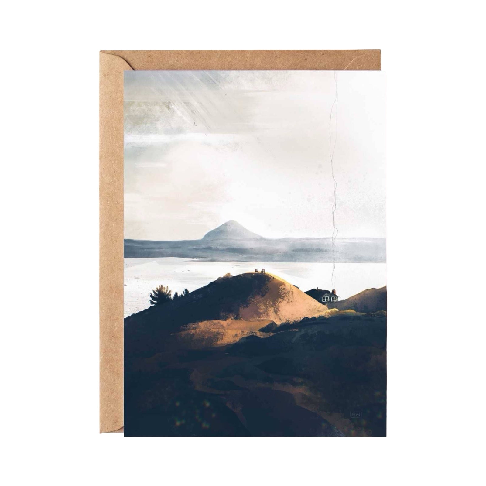 This card features the beautiful view of a bothy on Arthur's Seat in Scotland.