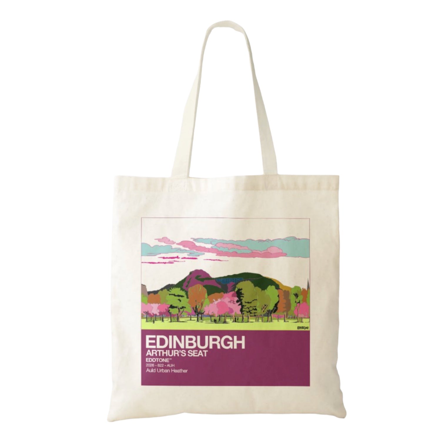 This tote bag features a square design of an illustration of Arthur's Seat, Edinburgh