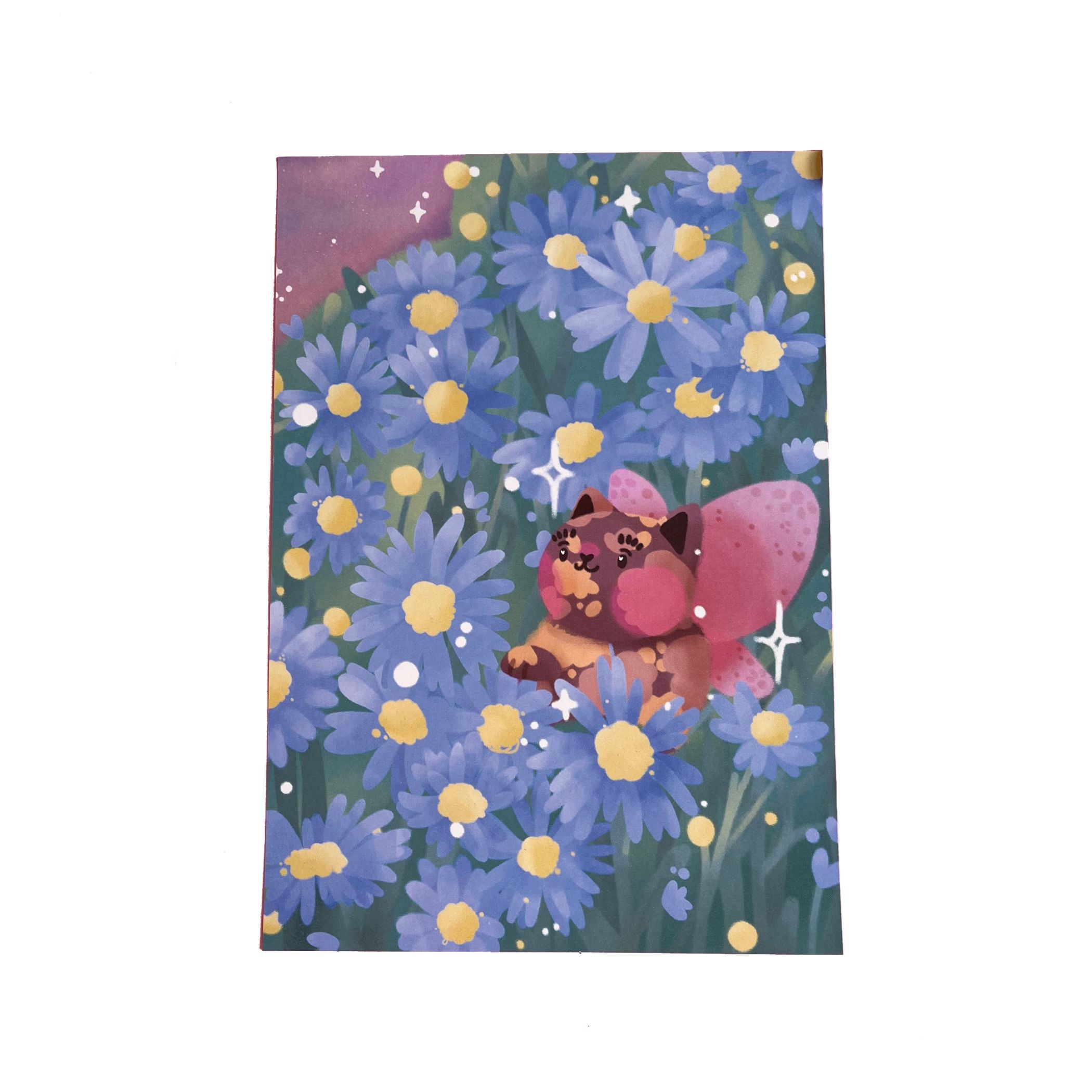 Art print of a round, tortoiseshell cat with pink fairy wings, stargazing from amidst purple-blue aster flowers.