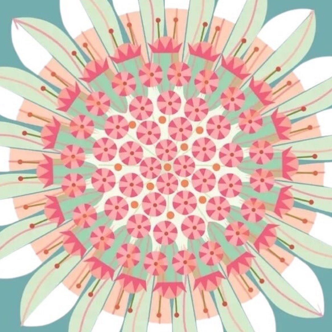Decorative pattern with pink and green flowers on a teal background.